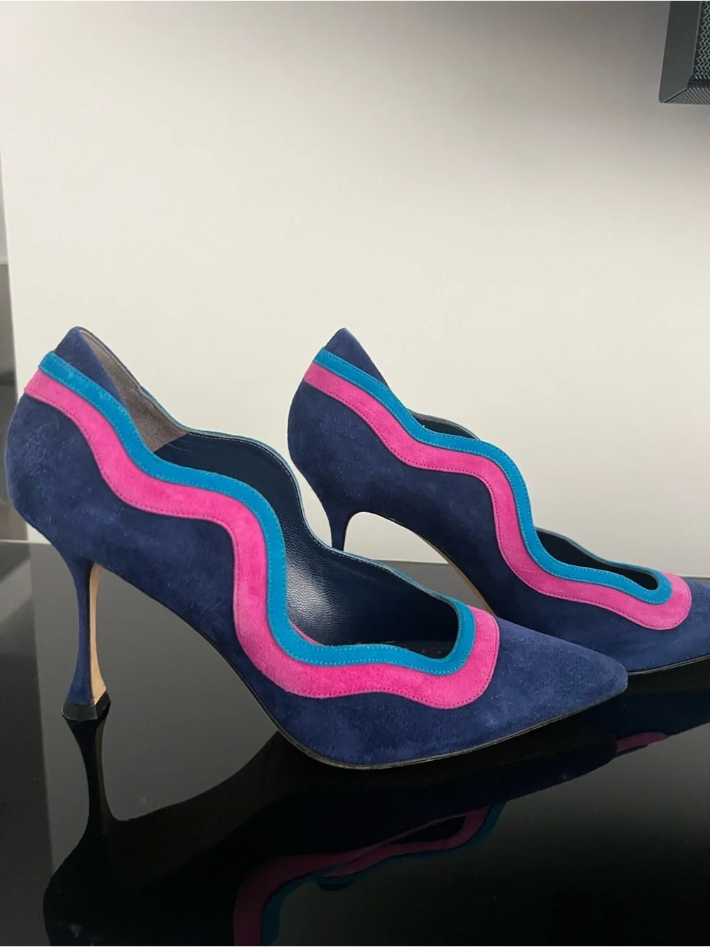 Manolo Blahnik Navy Suede Pumps with Pink & Teal Trim - Picture 4 of 5